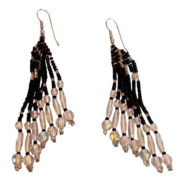 Seed beads acrylic rhinestones aurora borealis beaded pierced earrings dangle - Picture 1 of 4